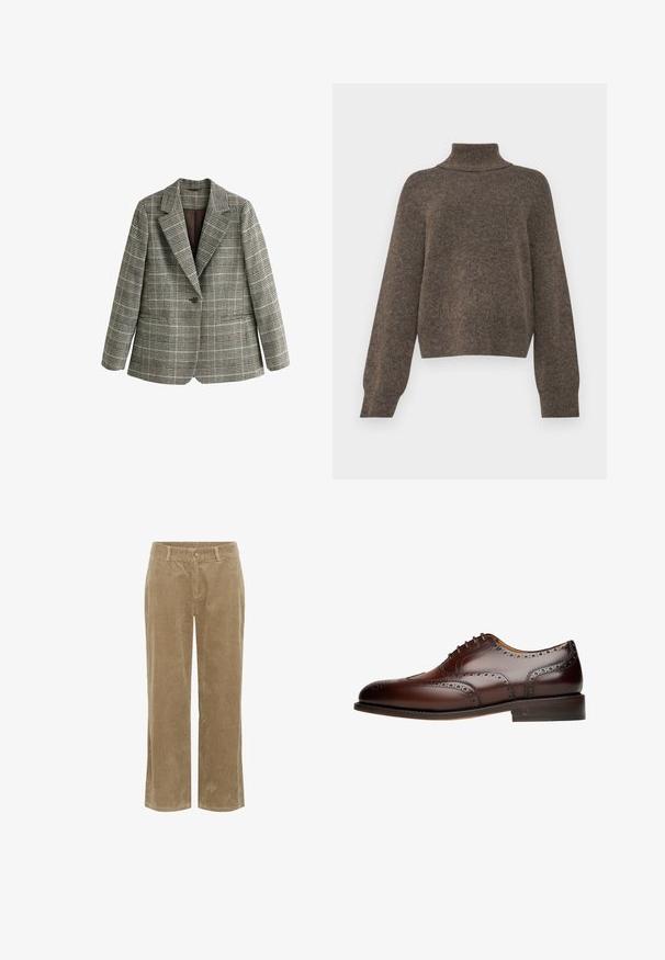 Enkeknop grijs geruit blazer met inkeping revers en lange mouwen, getoond tegen een witte achtergrond.; Bruine, gebreide trui met een hoge kraag en een losse pasvorm. Bevat lange mouwen en een zachte, textuurrijke stof.; Beige corduroy broek met riemlussen, knoopsluiting aan de voorkant, ritssluiting en rechte pijpen.; Bruine leren dresschoen met brogue-details, een gladde afwerking, ronde neus, zes veterogen en een gestapelde hak. Subtiele perforaties langs de randen.