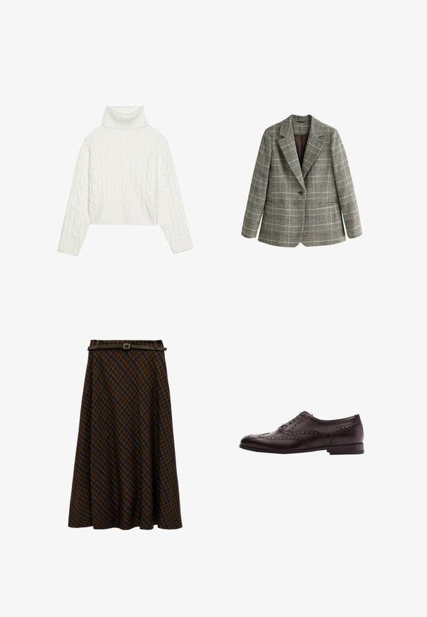 Blazer gris à carreaux à un bouton, avec des revers crantés et des manches longues, présenté sur fond blanc.; Pull à col roulé en maille blanche, avec une coupe courte, doté de poignets et d'un ourlet côtelés. Texture douce avec un design épais et confortable.; Jupe midi à carreaux marron et bleu marine en forme trapèze avec une fine ceinture marron foncé à boucle argentée à la taille.; Chaussure habillée en cuir marron avec des détails de brogue, fermeture à lacets, bout arrondi et un petit talon empilé. Fini poli et perforations complexes.