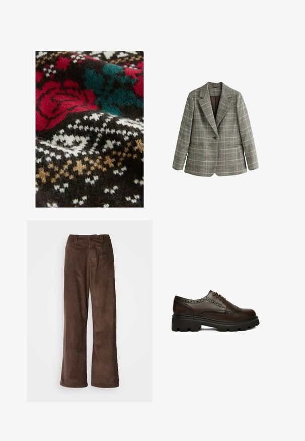 Blazer gris à carreaux à un bouton, avec des revers crantés et des manches longues, présenté sur fond blanc.; Textile tricoté avec une base marron foncé, ornée de motifs floraux et géométriques rouges, teal et blancs. Texture douce et duveteuse visible à travers l'ensemble.; Pantalons en velours côtelé marron avec une coupe ample, présentant des côtes verticales et une ceinture. Le tissu a une apparence douce et texturée.; Chaussure brogue en cuir marron foncé avec détails perforés et semelle épaisse en caoutchouc noire, vue de côté sur fond blanc.