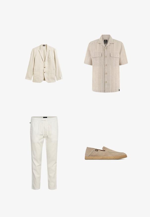 Beige Leinen-Blazer mit Reverskragen, einer Brusttasche, zwei Vorderaschen und Zwei-Knopf-Verschluss, mit lässiger Passform und strukturiertem Stoff.; Beiges Hemd mit kurzen Ärmeln, durchgehendem Knopfverschluss, dezenten vertikalen Streifen und zwei Brusttaschen mit Klappen.; Weiße, leichte Baumwoll-Jogginghosen mit elastischem Bund, Kordelzug und lockerer Passform. Glatte Textur ohne Muster oder Verzierungen.; Beige Slip-On mit Wildleder-Obermaterial und strukturierter gewebter Sohle, mit kleinem Stoff-Logoetikett an der Seite nahe der Ferse.