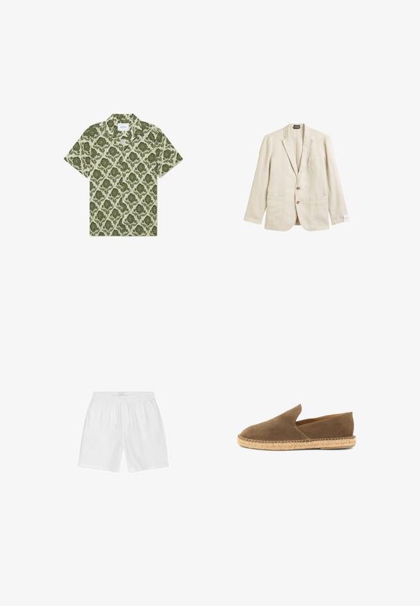 Beige Leinen-Blazer mit Reverskragen, einer Brusttasche, zwei Vorderaschen und Zwei-Knopf-Verschluss, mit lässiger Passform und strukturiertem Stoff.; Kurzärmeliges Hemd mit grünem Blumenmuster auf einem hellbeigen Hintergrund. Verfügt über einen Kragen und ein Etikett mit der Aufschrift "Les Deux".; Weiße legere Leinen-Shorts mit elastischem Bund, Kordelzug und Seitentaschen, flach auf weißem Hintergrund ausgelegt.; Braune Wildleder-Espadrille zum Hineinschlüpfen mit geflochtener Jutesohle und niedrig geschnittenen Seiten, entworfen für den Freizeitgebrauch.