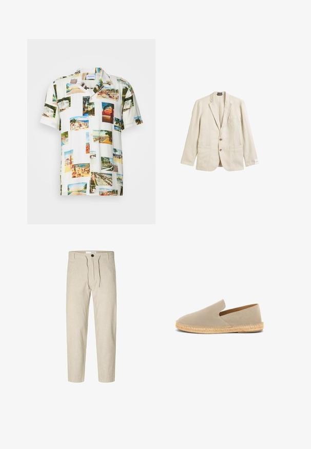 Beige Leinen-Blazer mit Reverskragen, einer Brusttasche, zwei Vorderaschen und Zwei-Knopf-Verschluss, mit lässiger Passform und strukturiertem Stoff.; Kurzeweißer Hemd mit einem Collagen-Motiv aus Fotografien tropischer Szenen in verschiedenen Farben. Leichter Stoff, Knopfleiste vorne und lockere Passform.; Selected Slim Tapered Linen Blend - Stoffhose - vetiver; Beige Wildleder-Espadrille zum Hineinschlüpfen mit juteumwickelter Sohle und niedrigem Absatz, Seitenansicht auf weißem Hintergrund.