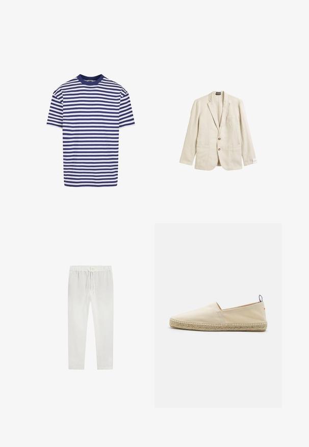Beige Leinen-Blazer mit Reverskragen, einer Brusttasche, zwei Vorderaschen und Zwei-Knopf-Verschluss, mit lässiger Passform und strukturiertem Stoff.; Kurzärmliges gestreiftes T-Shirt mit navyblauen und weißen horizontalen Streifen, runder Ausschnitt, lockere Passform und weichem Baumwollmaterial.; Weiße Freizeithose mit elastischem Bund und Kordelzug, geradem Bein und Vordertaschen.; Beige Leinensandale mit runder Zehenform, geflochtener Jutesohle und einem kleinen roten und blauen Akzent an der Ferse. Leicht und ohne Verschluss.