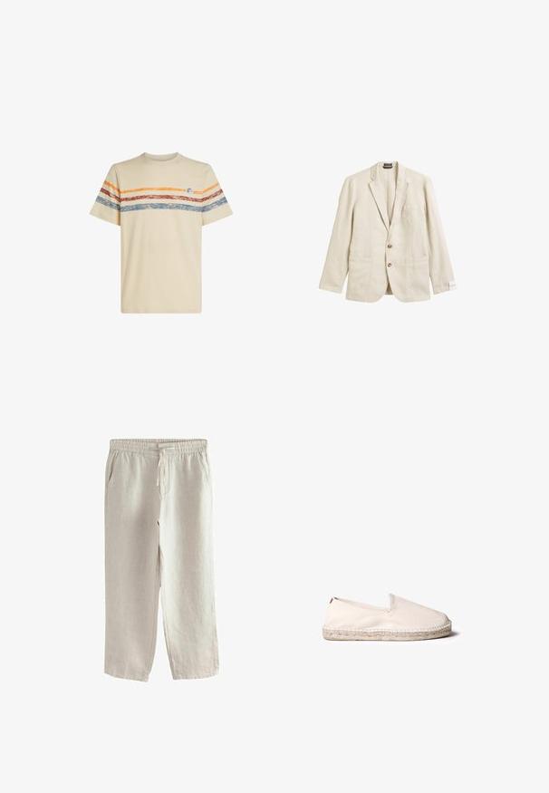 Beige Leinen-Blazer mit Reverskragen, einer Brusttasche, zwei Vorderaschen und Zwei-Knopf-Verschluss, mit lässiger Passform und strukturiertem Stoff.; Cremfarbendes Baumwoll-T-Shirt mit horizontalen Streifen in Orange, Rot und Blau. Kurzärmlig, mit rundem Ausschnitt und kleinem Logodetail auf der Brust.; Hellbeige Leinenhose mit elastischem Bund, Kordelzug, Seitentaschen und geradem Bein.; Helles beige Espadrille mit einem Obermaterial aus Canvas, elastischem Einstieg und einer natürlichen Jutesohle. Sie hat eine strukturierte Oberfläche und ein minimalistisches Design.