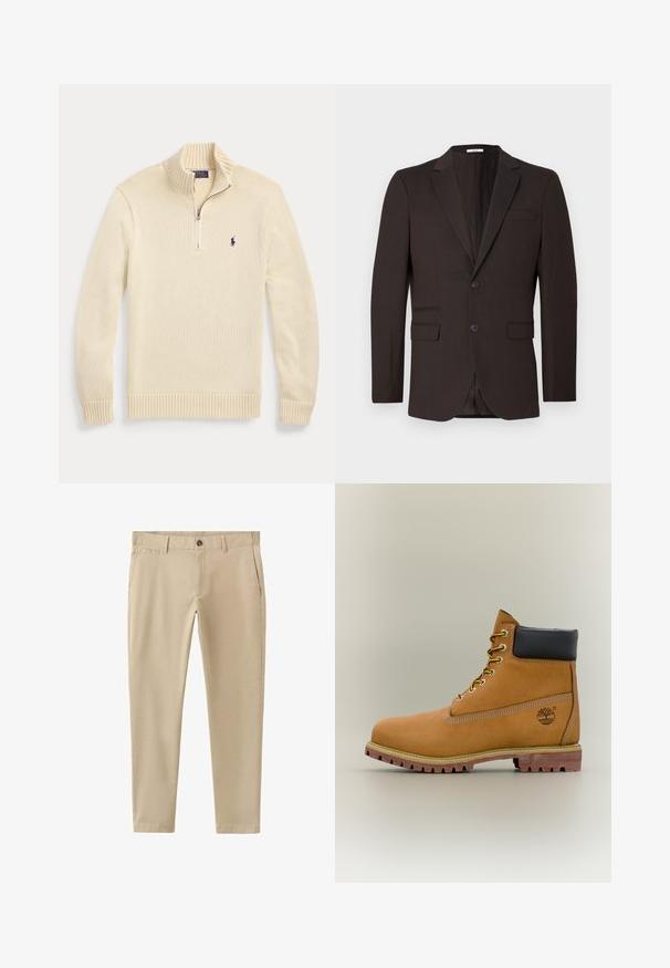 Mørkebrun herreblazer med to knapper, kløftede revers og tre forlommer, vist mod en ensartet lys baggrund.; Kremfarvet langærmet strikket sweater med en halv lynlås foran, ribbet krave, manchetter og kant, med et lille mørkt Polo-logo på brystet.; Beige slim-fit chinos med frontknap og lynlås, bæltestropper og sidelommer, vist på en hvid baggrund.; Brun læderankelstøvle med sort krave, gule snørebånd og tanfarvet sål. Har logo og hvide syninger som detalje. Robust ydersål med greb.