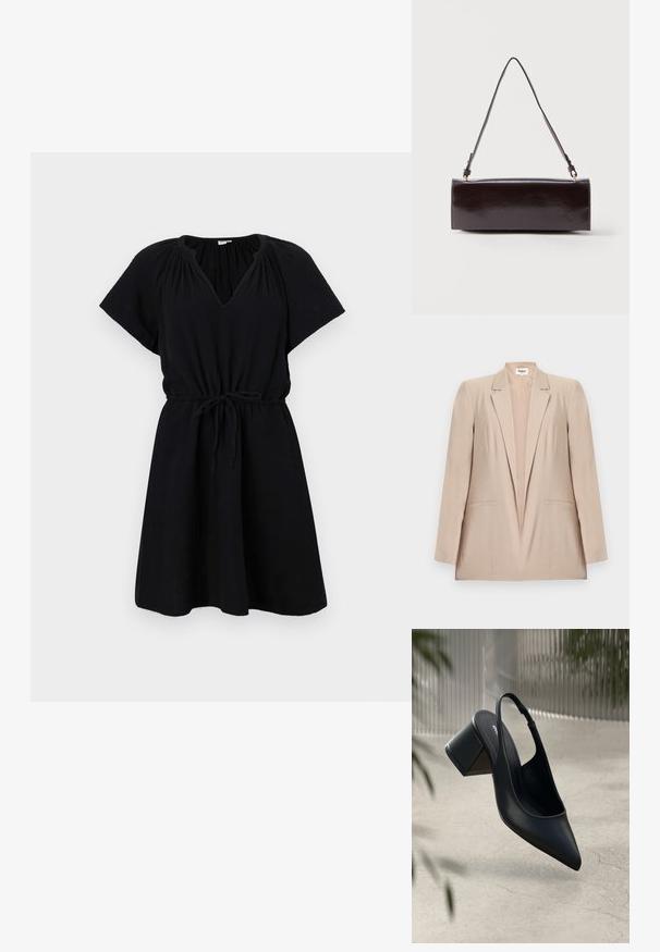 Blazer féminin beige clair avec col cranté, manches longues et deux poches passepoilées à l'avant, présenté sur un fond blanc.; Robe noire à manches courtes, décolleté en V, taille élastique avec cordon de serrage, et jupe évasée fluide. Fabriquée en tissu léger.; Escarpin noir en cuir avec un bout pointu et un talon bloc. Texture lisse, design minimaliste et bride de cheville réglable.; Sac à main rectangulaire en cuir noir avec une longue bandoulière unique et une finition brillante, présenté sur un fond blanc uni.