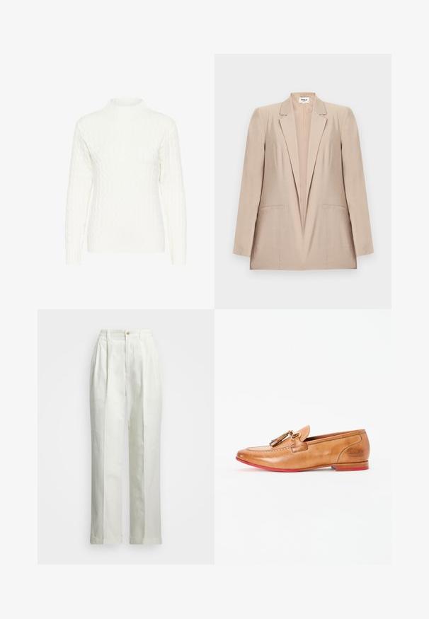 Lysebeige damsblazer med reverskrave, lange ærmer og to forlommer, vist på en hvid baggrund.; Hvid kabelstrikket sweater med høj hals, lange ærmer og struktureret mønster. Stoffet ser blødt og let strækbart ud.; Hvide bukser lavet af et glat stof med høj talje, brede ben, frontfolder og en rullet kant. Enkel knaplukning i taljen.; Tan læder loafer med afrundet tå, dekorativ kvast foran og rød sål. Prægede mærkelogo på hælen.