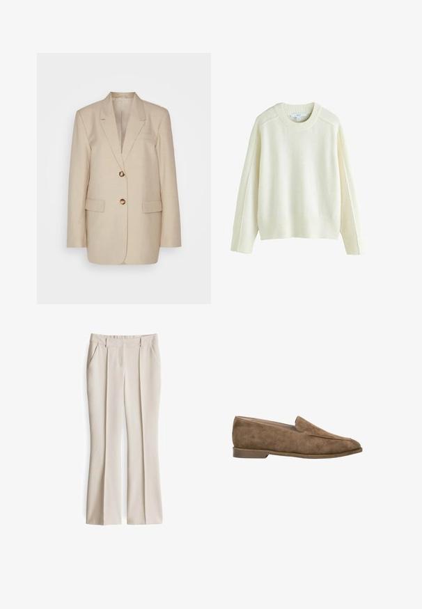 Beige linnen blazer met een notch lapel, twee voorkoekjes en knopen in goudkleur. Heeft een op maat gemaakte, gestructureerde silhoët.; Roomkleurige gebreide trui met geribbelde manchetten en zoom, voorzien van een ronde hals en een comfortabele pasvorm. Zachte textuur, minimalistisch ontwerp, zonder patronen.; Beige op maat gemaakte broek met twee voorzakken, vlakke voorkant en rechte pijpen. Gladde stof met een lichte glans en plooi-details.; Bruine suède instapsloffen met lage hak en afgeronde neus, zijaanzicht tegen een witte achtergrond.
