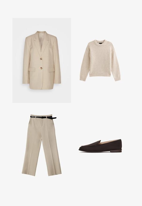 Beige linned blazer med ensartet krave, to forlommer og guldtonede knapper. Har en skræddersyet, struktureret silhuet.; Beige strikket sweater med rund hals, lange ærmer og ribbet kant. Tekstureret stof med en blød udseende. Enkel og alsidig design.; Beige bredde benbukser med en glat tekstur, forlommer og et sort læderbælte. Skræddersyet design med skarpe folder.; Sorte loafers med en glat stofoverdel, spids tå og lavt træhæl. Har et enkelt slip-on design uden synligt udstyr eller pynt.