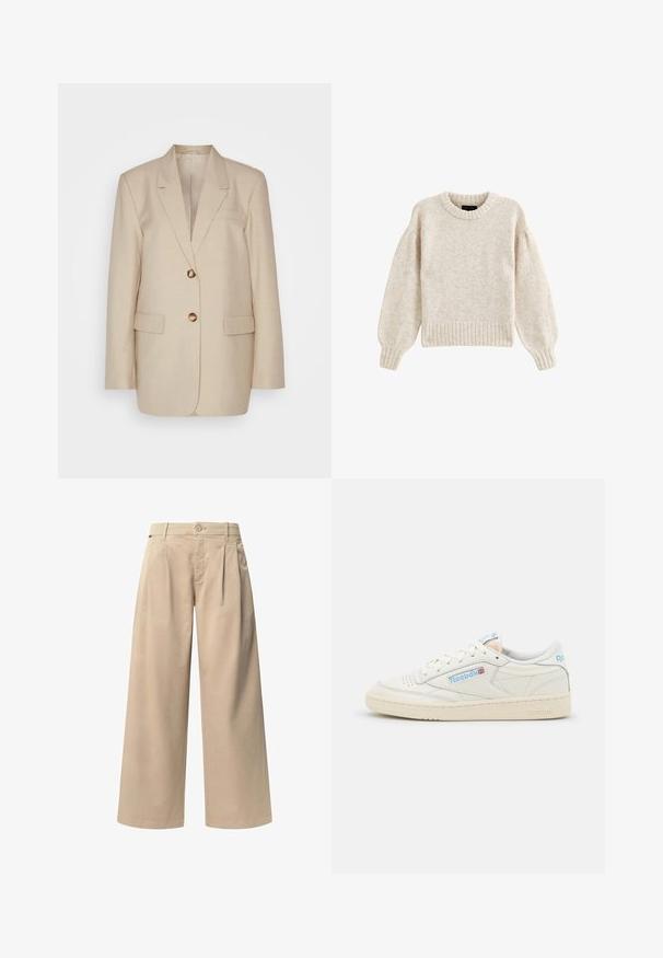 Beige linnen blazer met een notch lapel, twee voorkoekjes en knopen in goudkleur. Heeft een op maat gemaakte, gestructureerde silhoët.; Lichtbeige gebreide trui met een ronde halslijn, geribbelde zoom en volumineuze mouwen. Zachte textuur en een relaxed fit.; Beige wijde broek met twee voorplooien, een knoopsluiting en een gladde textuur. Ontworpen voor comfort en een losse pasvorm.; Reebok sneakers in off-white leer met lichtblauwe accenten. Beschikt over een geperforeerde neus, platte veters en een getextureerde rubberen zool.