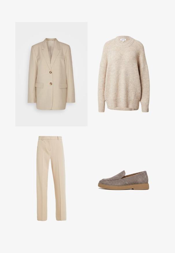 Beige Leinenblazer mit Reverskragen, zwei Vordertaschen und goldfarbenen Knöpfen. Hat eine taillierte, strukturierte Silhouette.; Beige gestrickter Pullover mit rundem Halsausschnitt, überschnittenen Schultern sowie gerippten Bündchen und Saum. Merkmale einen strukturierten, leicht lockeren Sitz.; Beige maßgeschneiderte Hose aus glattem Stoff, mit geradem Beinanschnitt, seitlichen Taschen und Bügelfalten auf der Vorderseite.; Taupefarbener Wildleder-Slipper mit abgerundeter Spitze und hellbrauner Gummisohle, von der Seite vor weißem Hintergrund dargestellt.
