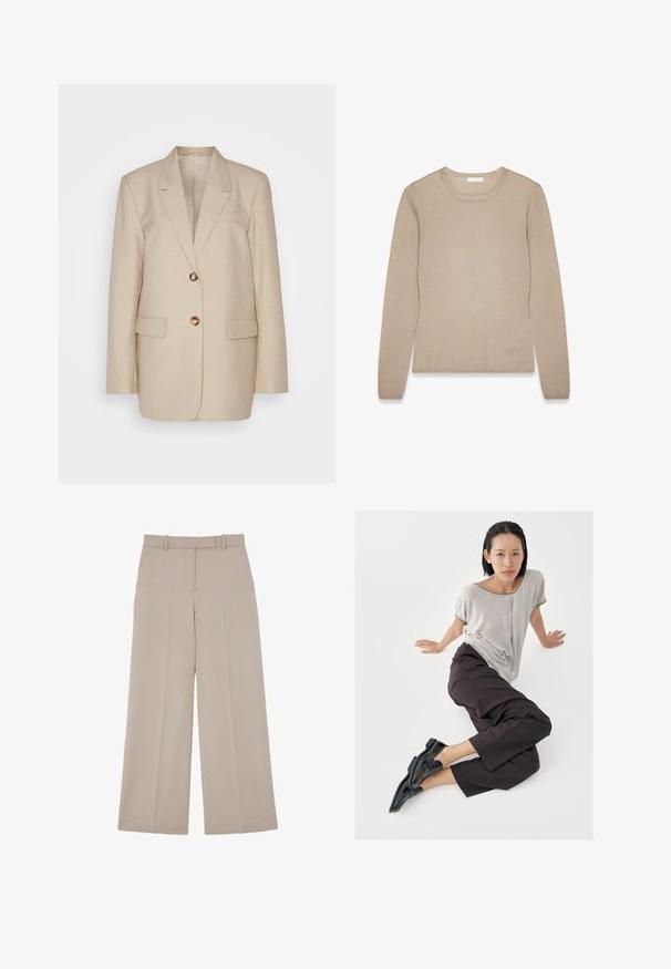 Beige Leinenblazer mit Reverskragen, zwei Vordertaschen und goldfarbenen Knöpfen. Hat eine taillierte, strukturierte Silhouette.; Beiger Pullover mit langen Ärmeln aus weichem Strick, Rundhalsausschnitt und gerippten Bündchen. Er zeichnet sich durch eine glatte Textur und klare Linien aus.; Beige, weit geschnittene, maßgeschneiderte Hose mit verdecktem Frontverschluss und Seitentaschen, entworfen für einen formellen oder Business-Casual-Look.; Hellgraues Kurzarmshirt, dunkle weite Hosen und schwarze Loafers. Glatter Stoff, entspannte Passform und kontrastierende Einfassung am Hemd.