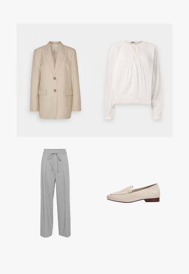 Beige linned blazer med ensartet krave, to forlommer og guldtonede knapper. Har en skræddersyet, struktureret silhuet.; Hvid langærmet bluse med rund halsudskæring og plisseret front. Blødt, glat stof med afslappet pasform og knapdetalje ved kraven.; Grå linned brede bukser med høj talje, udstyret med snørre, folder foran og en blød, struktureret finish.; Beige læderloafer med lavt træhæl og afrundet firkantet tå, sidevisning mod hvid baggrund.