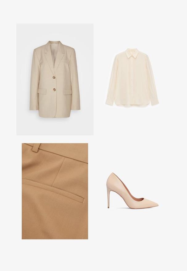 Beige linned blazer med ensartet krave, to forlommer og guldtonede knapper. Har en skræddersyet, struktureret silhuet.; Kremfarvet skjorte med knapper lavet af glat stof, med krave, lange ærmer og en let buet kant.; Nærbillede af beige stof med en vandret paspoleret lomme og syede sømdetaljer på skræddersyet tøj.; Beige læder højhælede pumps med spids tå og en glat tekstur. Har en slank stilettohæl og et lavt skårede design.