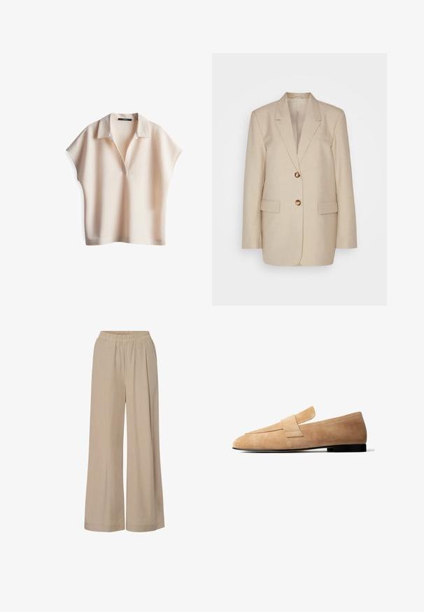 Beige Leinenblazer mit Reverskragen, zwei Vordertaschen und goldfarbenen Knöpfen. Hat eine taillierte, strukturierte Silhouette.; Helles, kurzärmliges Strickpolo-Shirt in Creme mit spitzem Kragen und tiefem V-Ausschnitt. Glatte Textur und entspannter Schnitt, keine sichtbaren Beschläge.; Beige weite Hose aus leichtem Stoff, mit elastischem Bund und weicher Textur, in einem lockeren und fließenden Design.; Hellbrauner Wildleder-Slipper mit niedrigem schwarzem Absatz und breitem Riemendetail über dem Spann, im Seitenprofil vor weißem Hintergrund dargestellt.