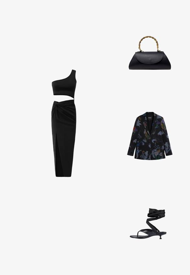 Zwarte blazer met een multikleurig bloemen- en abstract design. Heeft twee zakken aan de voorkant, een enkele knoop en een ingesneden revers.; Zwart twee-delig outfit met een één-schouder crop top en hoge taille rok met een gedraaide detail en een zijsplit. Glad materiaal.; Zwarte leren teenslipper met kittenheel en lange zwarte stoffen banden die om de enkel gewikkeld zijn.; Zwarte getextureerde leren handtas met gebogen bamboe handvat en klepsluiting, trapeziumvormig tegen een witte achtergrond.