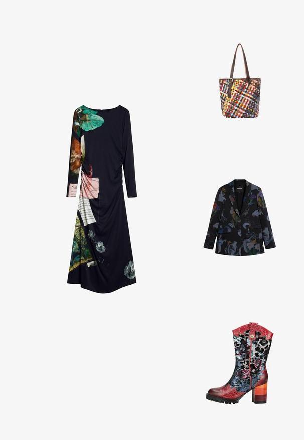 Zwarte blazer met een multikleurig bloemen- en abstract design. Heeft twee zakken aan de voorkant, een enkele knoop en een ingesneden revers.; Het zwarte lange mouwjurk heeft levendige bloemen- en tekstprints, een gestructureerde stof en geplooide details aan één kant, wat zorgt voor een dynamische uitstraling.; Laars tot halverwege de kuit met hak, rode leren accenten, kleurrijke bloemrijke paillettenpatronen en een gelaagde houten blokhak.; Shopper met bruine leren handvatten en een kleurrijk geweven patroon in rood, geel, blauw en andere tinten.