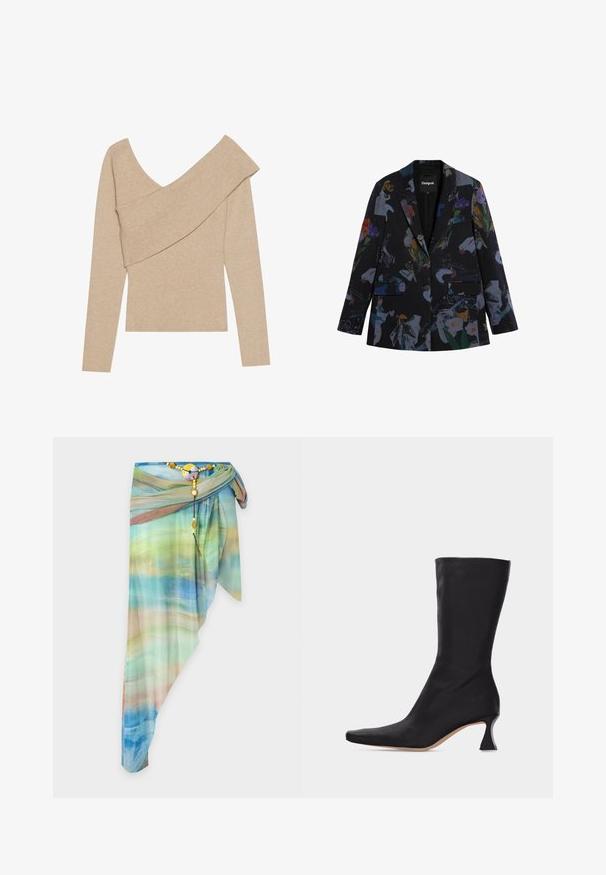 Must mustriga jakk mitmevärvilise lille- ja abstraktse mustriga. Omab kahte esist taskut, ühte nööpi ja sälguga kraed.; Even&Odd by Zalando Džemper - mottled beige; Asümmeetriline läbipaistev mähistega seelik, millel on sinise, rohelise ja beežika gradientmustriga, kinnitatud dekoratiivse helmestega vöö ja ümmarguse klambriga.; Mustad nahast keskvarba saabas terava varba ja kõvera madala kontsaga, taustal hele ühevärviline pind.