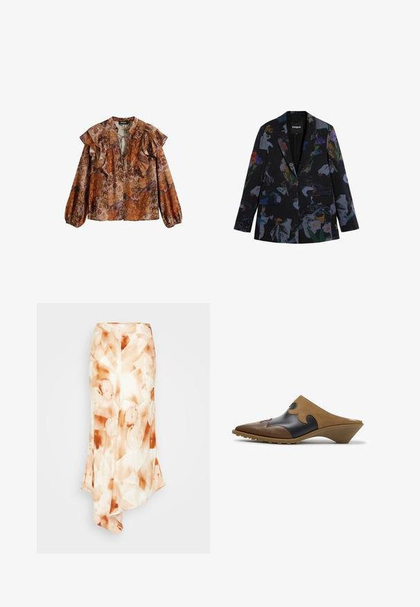 Blazer negro con un diseño floral multicolor y abstracto. Cuenta con dos bolsillos frontales, un solo botón y solapa con muesca.; Blusa de manga larga en tonos cálidos de naranja, marrón y púrpura. Cuenta con un escote y mangas con volantes, estampado floral y tela suave y ligera.; Larga falda fluida de una tela ligera con un patrón abstracto que presenta tonos terrosos: blanco cremoso, naranja suave y manchas marrones.; Mules de cuero marrón y negro tipo slip-on con puntera puntiaguda y tacón bajo inclinado, con costuras decorativas y detalles ondulados de ante en la parte superior.