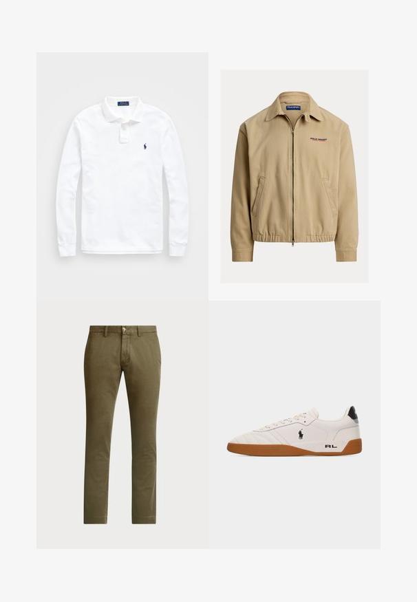 Beige jack met een kraag, ritssluiting aan de voorkant en elastische manchetten. Voorzien van zijzakken en een "Polo Sport"-logo in rood en blauw.; Wit lange mouwen poloshirt van katoen, met een kraag en een enkel blauw logo op de linkerborst. Eenvoudig, klassiek ontwerp.; Polo Ralph Lauren BEDFORD STRETCH SLIM FIT CHINO PANT - Chino - canopy olive; Witte lage sneaker met een bruine rubberen zool, zwart Polo Ralph Lauren-logo aan de zijkant en de tekst "RL" op het hielgedeelte.