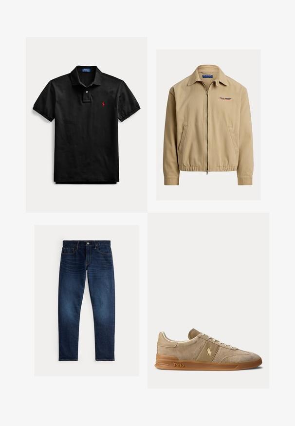 Beige jakke med krave, lynlås foran og elastiske manchetter. Har sidelommer og "Polo Sport"-logo i rød og blå.; Sort kortærmet polo med krave, to-knaps åbning og lille rødt broderet logo på venstre bryst.; Mørkeblå denimjeans med lige ben, som har en klassisk fem-lommer-opbygning og kontrastsyninger. Knappelukning foran synlig.; Beige ruskind og læder lav-top sneaker med gummisål, hvide snørebånd og Polo-logo på siden og sålen.