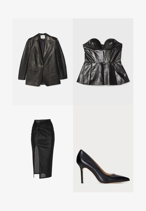 AERON Læderjakker - black; Sara Battaglia SWEETHEART - Top - black; Sort midi nederdel lavet af strækbart stof, med et snoet frontdesign, sideslids og lynlåslukning bagpå.; Sorte læder højhælede pumper med spids tå og en slank stiletto hæl. Den glatte tekstur og de minimale detaljer skaber et klassisk design.