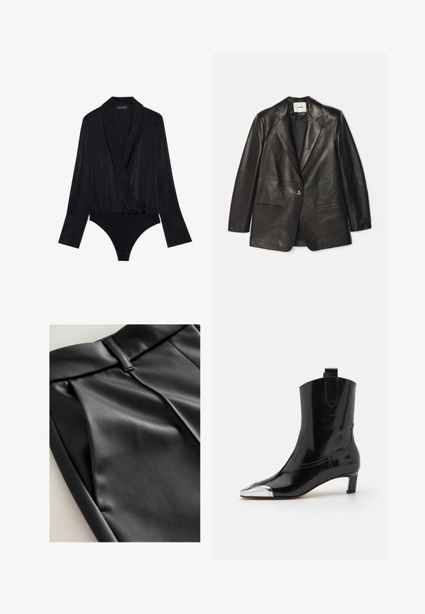AERON Chaqueta de cuero - black; Body negro de manga larga con diseño cruzado, hecho de una tela suave. Presenta un escote profundo y un corpiño ajustado con un corte clásico en la parte inferior.; Pantalones de imitación cuero negros con una textura suave, que presentan una cinturilla plana, pliegues y un discreto detalle de costura en la parte posterior.; ALOHAS SHIMMER BICOLOR BOOTS - Botines - black/silver