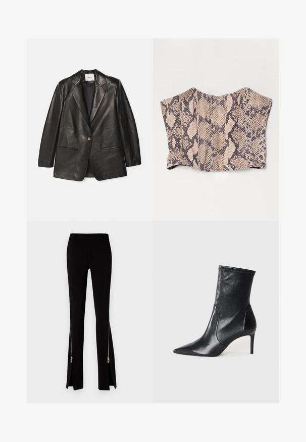 AERON Veste en cuir - black; Top corset en simili cuir serpent, avec un motif beige et noir, un design structuré et une texture lisse.; DSQUARED2 ICON TRUMPET PANT - Pantalon classique - black; Bottes noires à la cheville en cuir lisse, dotées d'un bout pointu, d'un tige ajustée et d'un talon haut fin. Design minimaliste sans quincaillerie visible.