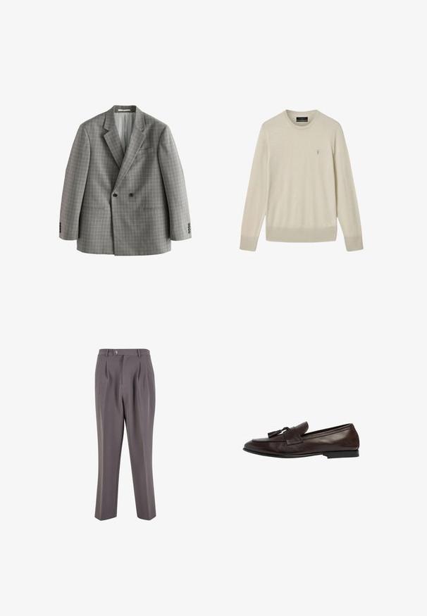 Blazer gris cruzado con un sutil patrón de cuadros, solapas con muesca, dos botones delanteros, puños con tres botones y bolsillos ribeteados sobre fondo blanco.; Suéter beige de manga larga con cuello redondo, puños y dobladillo acanalados, con un pequeño logo bordado en el pecho izquierdo.; Pantalones grises con plisados, fabricados en un tejido suave, que presentan un diseño de pierna recta, un cierre de un solo botón y bolsillos laterales inclinados.; Mocasines de piel marrón con tacón bajo, con una cinta ancha y borlas decorativas. La textura suave y el diseño clásico mejoran la versatilidad.