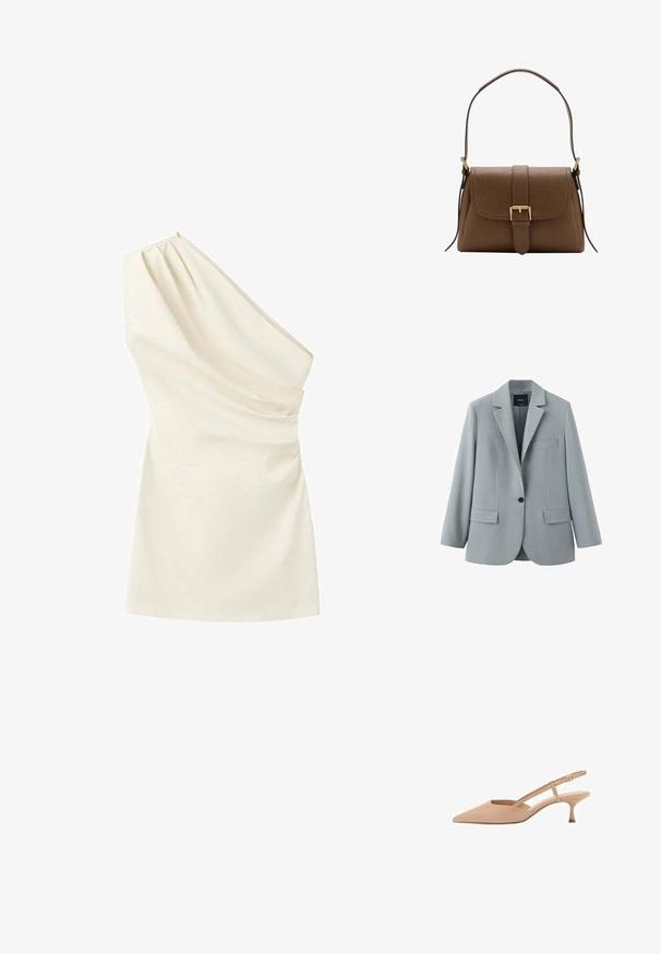 Hellgrauer Blazer mit einem Knopf, Revers mit Kerbe, zwei vorderen Klappentaschen und einer Brustpaspelstasche, hergestellt von der Marke MNG.; Cremefarbenes ärmelloses One-Shoulder-Top mit plissee Detail und einem drapierten Saum über Brust und Taille.; Spitze nude Slingback-Absätze mit niedrigem Kitty-Freilauf, aus glänzendem Material, mit einem schlanken Riemen und verstellbarer Schnalle.; Braune Lederschultertasche mit Frontklappe und goldener Schnalle, mit verstellbarem Riemen mit goldenen Beschlägen auf weißem Hintergrund.