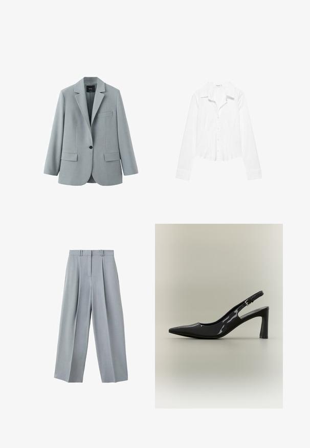 Blazer gris clair à simple bouton avec revers crantés, deux poches avant à rabat et une poche poitrine passepoilée, fabriqué par la marque MNG.; Chemise blanche à manches longues avec col, taille légèrement cintrée et poignets boutonnés, présentée sur fond blanc.; Pantalon large gris clair avec plis sur le devant, passants pour ceinture et fermeture avant dissimulée.; Escarpin slingback en cuir verni noir, bout pointu, talon bloc de hauteur moyenne et bride ajustable avec boucle.