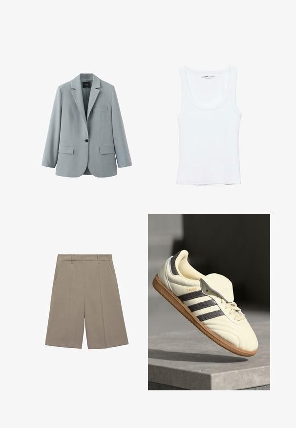 Blazer gris clair à simple bouton avec revers crantés, deux poches avant à rabat et une poche poitrine passepoilée, fabriqué par la marque MNG.; Débardeur blanc uni sans manches avec encolure arrondie, fabriqué en tissu doux, étiquette à l'intérieur du col indiquant la marque et la taille.; Shorts plissés beige à coupe droite, dotés de passants de ceinture et de poches latérales. Fabriqués en tissu lisse et léger.; Baskets en cuir crème avec trois bandes sombres, une semelle extérieure en gomme marron et un bout arrondi. Présentent une languette pliable étiquetée "SAMBA."