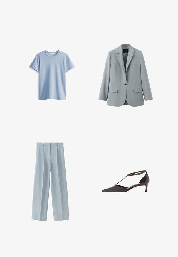 Hellgrauer Blazer mit einem Knopf, Revers mit Kerbe, zwei vorderen Klappentaschen und einer Brustpaspelstasche, hergestellt von der Marke MNG.; Himmelblaues Baumwoll-T-Shirt mit rundem Halsausschnitt und kurzen Ärmeln. Glatte Textur und gerader Saum, einfaches und klassisches Design.; Hellblaue, fein gestreifte, maßgeschneiderte Hose mit Gürtelschlaufen, Seitentaschen und einem vorderen Reißverschluss.; Schwarze Leder-Damen-Schuh mit spitzem Zehenbereich, niedrigem Absatz, T-Riemen und goldener Schnallenverschluss auf weißem Hintergrund.