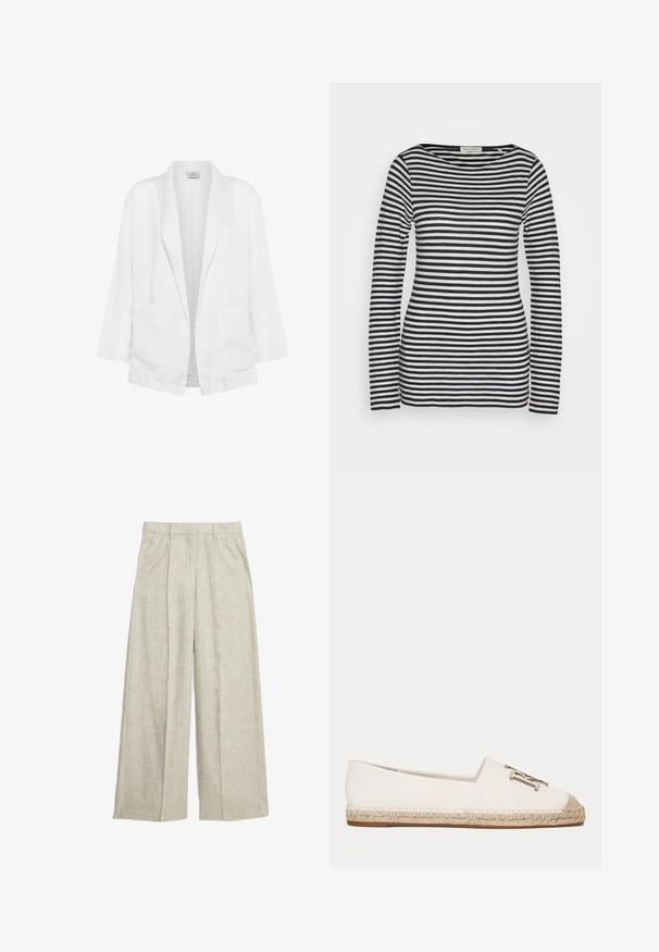 Hvid hørblazer med løs pasform, udstyret med hakkede revers, lange ærmer og to forlommer. Glat tekstur og minimalistisk design.; Langærmet top i bomuld med vandrette marineblå og hvide striber, rund hals, slank pasform, med en glat tekstur og minimalistisk design.; Beige linnen brede bukser med plisseret front, der har høj talje og rene linjer, perfekt til åndbar komfort.; Hvid lærreds espadrille sko med flettet jutebund og metallisk dekorativt emblem foran.
