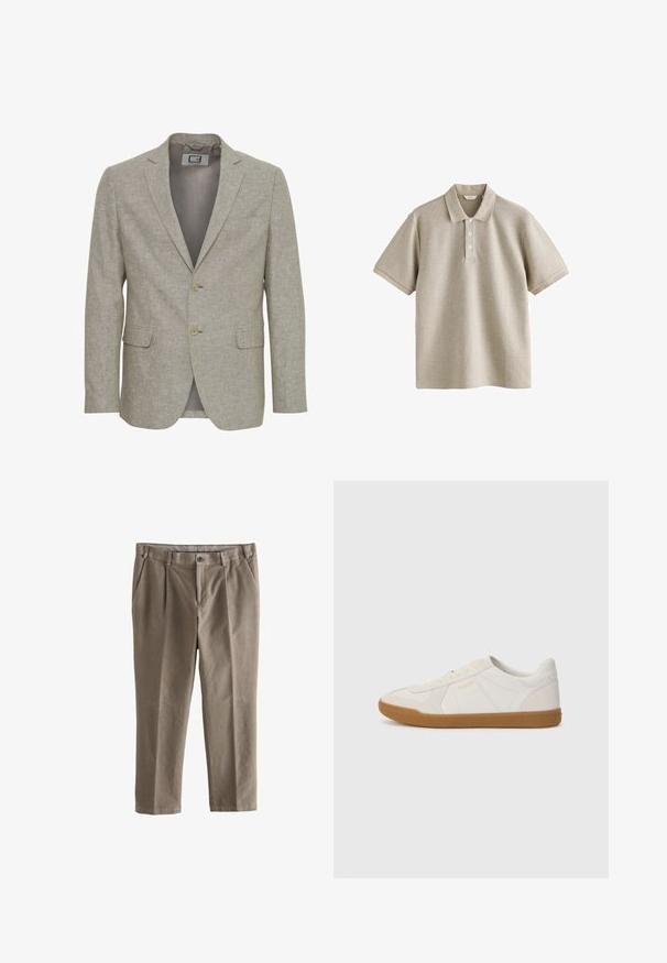 Lichtbeige blazer gemaakt van gestructureerde stof, met een notched kraag, twee knopen en twee voorzakken. Binnenvoering is zichtbaar.; Lichtbeige poloshirt met korte mouwen, drie witte knopen en een klassieke kraag, afgebeeld op een witte achtergrond.; Khaki chino's gemaakt van lichtgewicht katoen, met een rechte pijp, voorplooien, een knoopsluiting en twee zijzakken.; Witte sneaker gemaakt van glad leer met een gumrubberen zool, voorzien van eenvoudige stiksels en een klein gouden logo aan de zijkant.