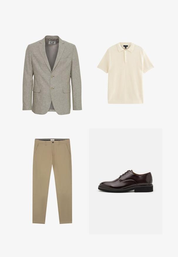 Blazer beige clair en tissu texturé, avec un col cranté, deux boutons et deux poches avant. La doublure intérieure est visible.; Polo crème à manches courtes avec motif tricoté texturé, patte de boutonnage à trois boutons, col et poignets côtelés.; Chinos beige en coton lisse, avec une coupe droite, une fermeture à un seul bouton et deux poches latérales. Détails de couture subtils.; Chaussure Oxford en cuir marron avec une finition brillante, bout rond, lacets, et une semelle en caoutchouc noir épaisse. Détail de couture sur le dessus.