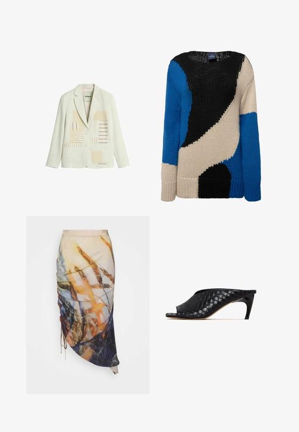 Kremlfarvet blazer med to knapper, hakket revers, forlommer og beige og blå stribet patchwork-design på frontpanelerne.; Strikket sweater med markante farvefelter i sort, blå og beige. Rund hals, lange ærmer og ribbede manchetter giver tekstur og varme.; Materiel DIAGONAL GATHERED SKIRT - Pencil skirt - golden hour; Sorte vævede mule-sandaler med åben tå og en slank, buet hæl. Materialet har en blank finish og viser et tekstureret, ternet mønster.