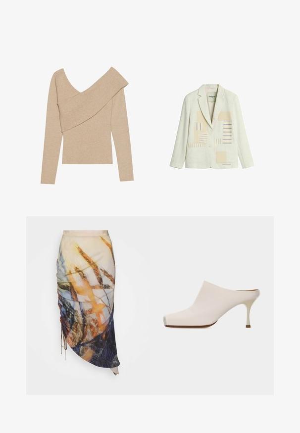 Crèmekleurig colbert met twee knopen, revers met inkeping, voorzakken met opliggende zakken en een beige- en blauwgestreept patchworkdesign op de voorpanelen.; Even&Odd by Zalando Trui - mottled beige; Materiel DIAGONAL GATHERED SKIRT - Kokerrok - golden hour; Crèmekleurige muilezel met puntige neus en slanke, middelhoog hakje, vanuit de zijkant weergegeven tegen een effen lichte achtergrond.