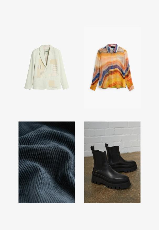 Kremlfarvet blazer med to knapper, hakket revers, forlommer og beige og blå stribet patchwork-design på frontpanelerne.; Langærmet skjorte med knapper og abstrakte bølgede striber i orange, gul, blå, lilla og beige toner, med en spids krave.; Mørkeblå ribbede stoffer viser lodrette linjer og en blød tekstur, dækket med bløde bølger over overfladen.; Sort læder ankelstøvler med elastiske sidepaneler, tykke sorte platformssåler og syninger, der har en løftesanordning for nem påtagning.