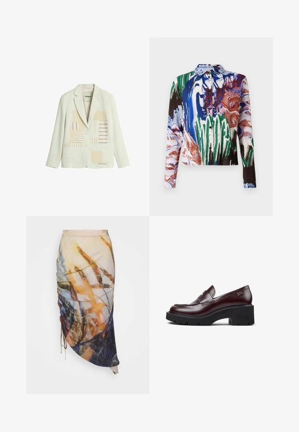 Kremlfarvet blazer med to knapper, hakket revers, forlommer og beige og blå stribet patchwork-design på frontpanelerne.; Henrik Vibskov SLOPE - Skjortebluser - multi coloured; Materiel DIAGONAL GATHERED SKIRT - Pencil skirt - golden hour; Burgundy læder loafers med rund tå, prydet med en dekorativ rem, chunky sort platformsål og subtilt logo på hælen.