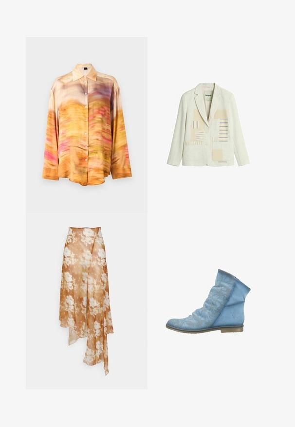 Kremlfarvet blazer med to knapper, hakket revers, forlommer og beige og blå stribet patchwork-design på frontpanelerne.; Silk skjorte med knapper og et abstrakt mønster i nuancer af orange, pink og lilla med spredt krave og lange ærmer.; Ioannes SHAWL SKIRT - A-snit nederdel - sprayed lace ochre; Felmini FELMINI STIEFELETTE - Støvletter - royal