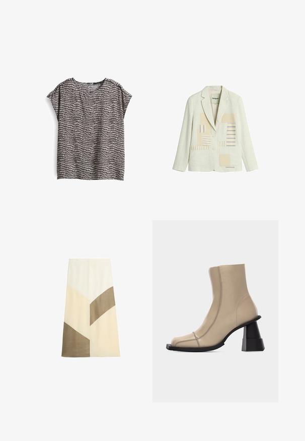 Crèmekleurig colbert met twee knopen, revers met inkeping, voorzakken met opliggende zakken en een beige- en blauwgestreept patchworkdesign op de voorpanelen.; Korte mouwen, losvallende blouse in donkergrijs met een witte abstracte print. Zachte stof, ronde halslijn en zijsplitten aan de onderkant.; A-lijn midi rok met color-block panelen in crème, beige en lichtbruine stoffen op een witte achtergrond.; Beige leren enkellaars met vierkante neus, zichtbare stiksels en een stevige zwarte gevormde blokhak op een witte achtergrond.