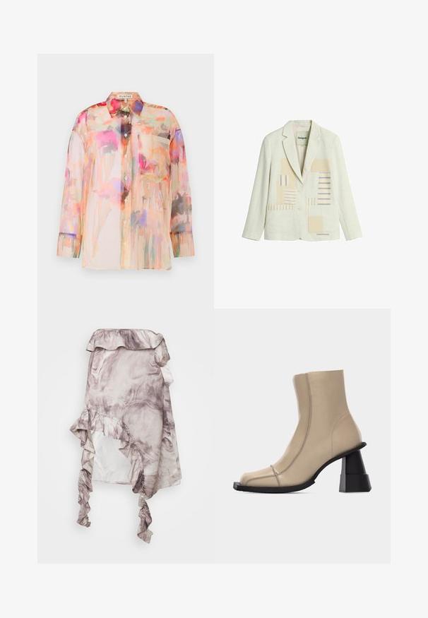Blazer color crema con dos botones, solapa con muesca, bolsillos frontales de parche y diseño patchwork de rayas beige y azul en los paneles frontales.; Blusa transparente de mangas largas en colores pastel con un patrón de acuarela floral, que presenta un collar, botones en la parte delantera y un bolsillo en el pecho.; ROKH MIDI SKIRT RUFFLES - Falda acampanada - purple; Bota beige de cuero hasta el tobillo con punta cuadrada, costuras visibles y tacón grueso negro esculpido en bloque sobre fondo blanco.