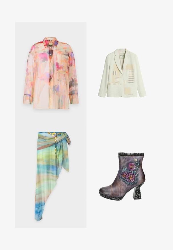Blazer de couleur crème avec deux boutons, col à revers cranté, poches plaquées à l'avant et motif patchwork rayé beige et bleu sur les panneaux avant.; Blouse transparente à manches longues dans des couleurs pastel avec un motif floral aquarelle, dotée d'un col, de boutons sur le devant et d'une poche sur la poitrine.; Jupe portefeuille asymétrique en voile avec un motif dégradé bleu, vert et beige, fixée avec une ceinture décorative perlée et une boucle ronde.; Bottine en cuir violette avec un embossage floral, un bord noir en dentelle en haut et un talon noir texturé avec des découpes décoratives.