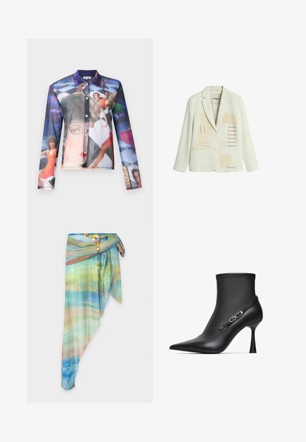 Blazer de couleur crème avec deux boutons, col à revers cranté, poches plaquées à l'avant et motif patchwork rayé beige et bleu sur les panneaux avant.; Chemise transparente à boutons avec une impression photographique colorée de personnes dans des poses dynamiques, dotée d'un col classique et de manches longues.; Jupe portefeuille asymétrique en voile avec un motif dégradé bleu, vert et beige, fixée avec une ceinture décorative perlée et une boucle ronde.; Bottines noires à bout pointu, en cuir lisse, présentant une tige ajustée et un talon stiletto fin avec un détail de sangle décoratif.