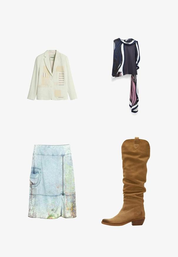 Crèmekleurig colbert met twee knopen, revers met inkeping, voorzakken met opliggende zakken en een beige- en blauwgestreept patchworkdesign op de voorpanelen.; Mouwloze blouse in marineblauw en wit met een roze abstract patroon. Heeft een gedrapeerde halslijn en een vloeiende, aangehechte sjaaldetail.; Lichtblauwe spijkerrok tot op de knie met een zijzak, rits aan de voorkant en subtiele bloemmotieven bij de zoom.; Lichtbruine suède kniehoog laars met een slouchy ontwerp, pointed toe en een gestapelde hak. Voorzien van een lus aan de bovenkant voor gemakkelijker aan- en uittrekken.