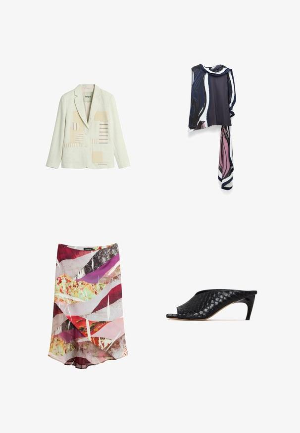 Blazer de couleur crème avec deux boutons, col à revers cranté, poches plaquées à l'avant et motif patchwork rayé beige et bleu sur les panneaux avant.; Blouse sans manches bleu marine et blanc avec un motif abstrait rose. Elle présente un col drapé et un détail d'écharpe fluide attachée.; Jupe midi avec imprimé abstrait multicolore en rouge, rose, violet, jaune et blanc, avec tissu superposé et silhouette subtile en ligne A.; Mules tissés noirs avec un bout ouvert et un talon courbé élégant. Le matériau a une finition brillante, arborant un motif texturé à carreaux.