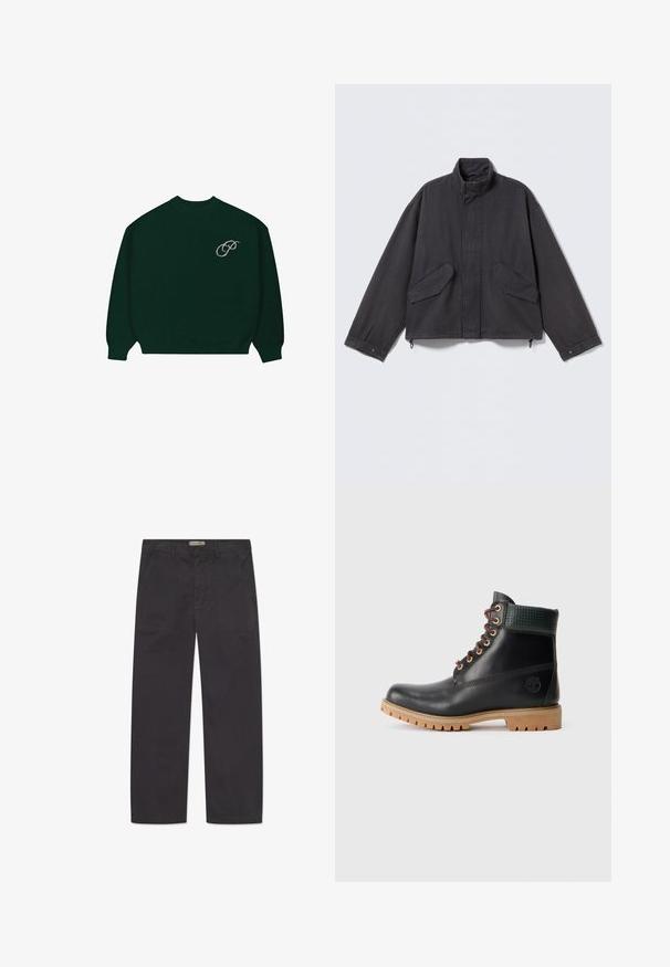 Chaqueta negra con cremallera, cuello alto, bolsillos con solapa en ángulo, mangas largas y cordones ajustables en el dobladillo sobre un fondo liso.; Suéter de manga larga verde oscuro con puños y dobladillo acanalados, que presenta un pequeño logo en cursiva de color claro 'P' en la parte superior izquierda del pecho.; WOOD WOOD WWHEINO - Pantalones - black; Botín de cuero negro a la altura del tobillo con cordones marrones, cuello acolchado verde y suela de goma color beige con profundos surcos, vista lateral sobre fondo blanco.