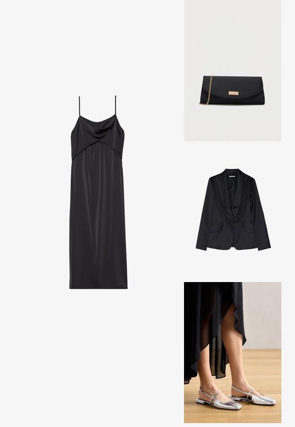 Schwarze Satin-Blazer mit Schalkragen, Ein-Knopf-Verschluss und zwei Vordertaschen. Glatte Textur und taillierte Passform.; Schwarzes Satin-Nachthemd mit dünnen Spaghettiträgern, einem drapierten Ausschnitt und einer geraden Silhouette. Glatte Textur und minimalistisches Design.; Silberne, metallische flache Schuhe mit quadratischem Zehendesign, Slingback-Riemen und ausgeschnittenen Akzenten. Glatte Textur auf einem Holzboden.; Schwarze Umschlag-Clutch mit einer goldenen Kettenriemen und einem kleinen goldenen rechteckigen Logo-Emblem auf dem vorderen Klappen.