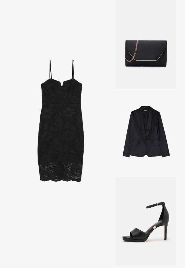 Blazer de satén negro con solapa de chal, cierre de un solo botón y dos bolsillos frontales. Textura suave y corte entallado.; Even&Odd Vestido de cóctel - black; Sanda negra de cuero con tacón alto, con punta abierta y tira en el tobillo. Presenta un acabado suave, un acento en tono dorado cerca del tacón y un diseño curvado.; Bolso de mano negro con una textura suave, que presenta una cadena dorada y un cierre de solapa geométrica delineado en dorado.